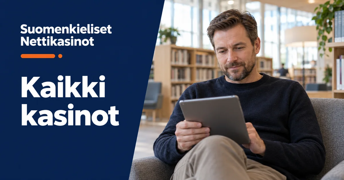 Kaikki kasinot – Suomenkieliset Nettikasinot. Aikuinen mies selaa tablettia kirjastossa.