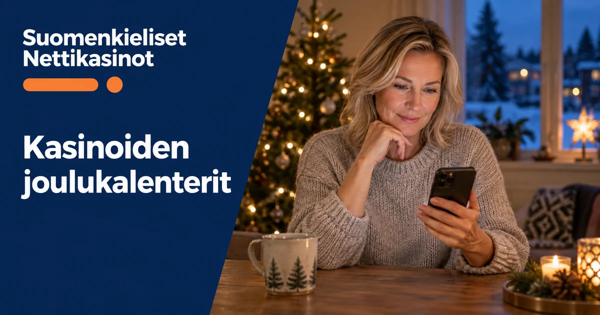 Kasinoiden joulukalenterit – Suomenkieliset Nettikasinot. Aikuinen nainen käyttää puhelinta jouluisessa kodissa.