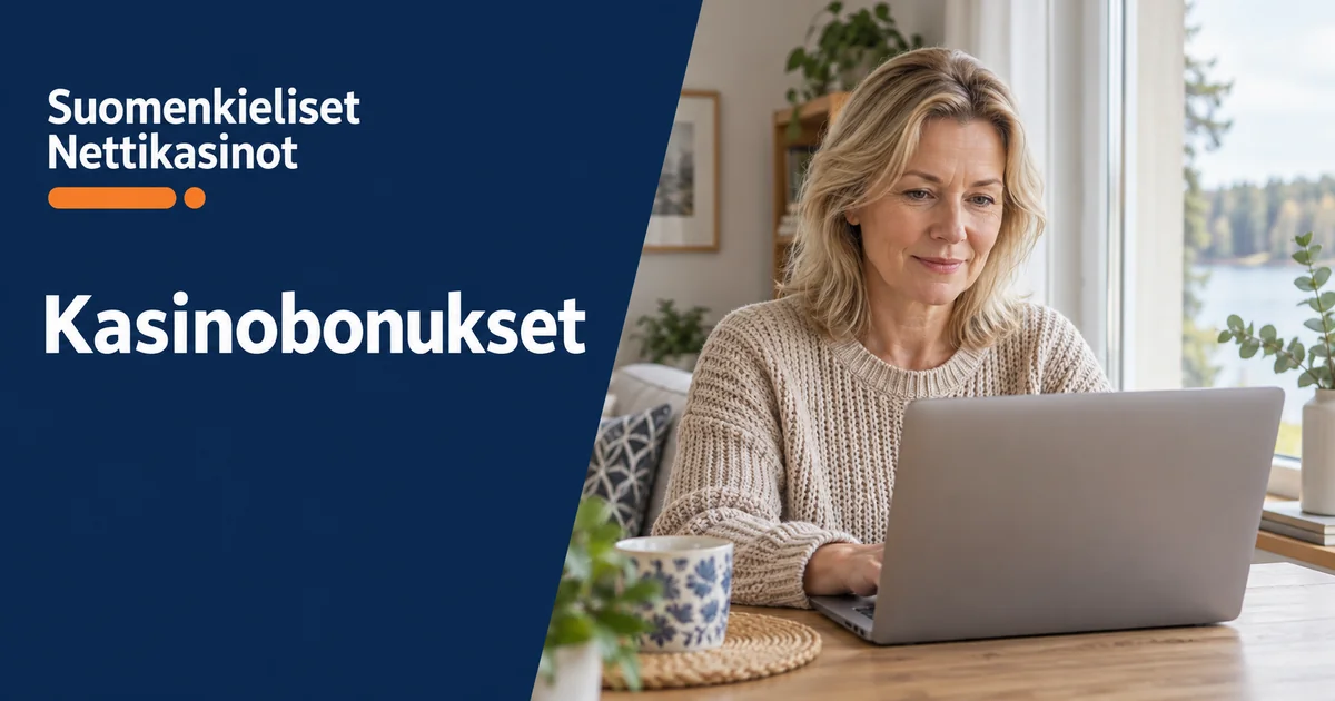 Kasinobonukset – Suomenkieliset Nettikasinot. Aikuinen nainen käyttää kannettavaa tietokonetta kotona ikkunan ääressä.