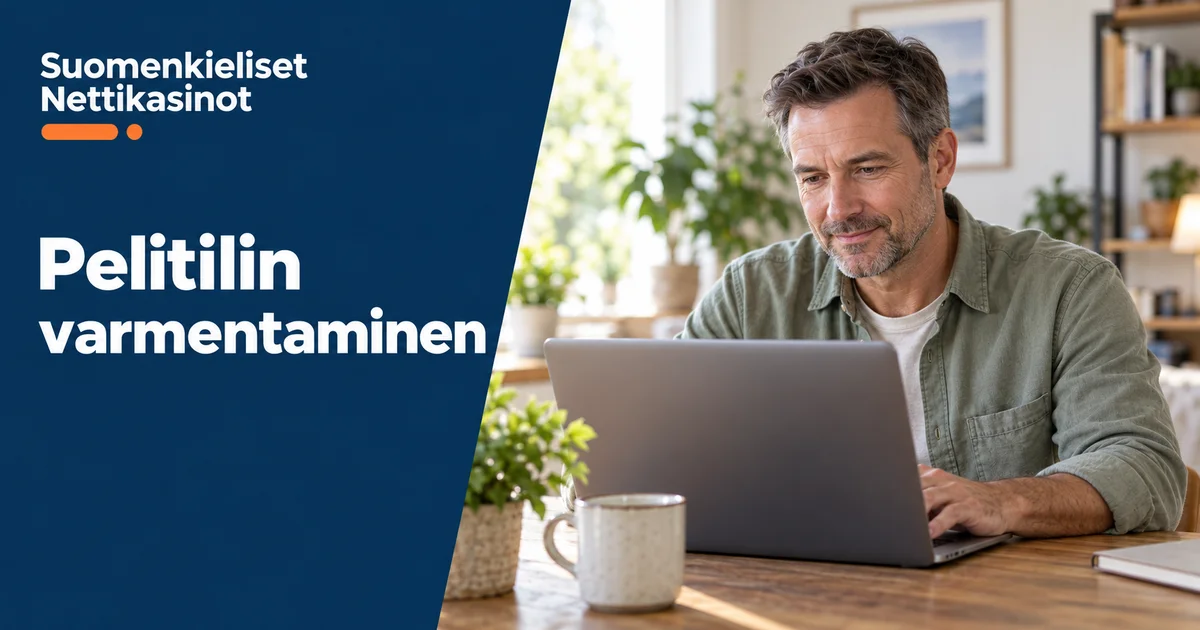 Pelitilin varmentaminen – Suomenkieliset Nettikasinot. Aikuinen mies käyttää kannettavaa tietokonetta kotona.