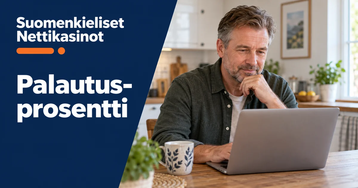 Palautusprosentti – Suomenkieliset Nettikasinot. Aikuinen mies käyttää kannettavaa tietokonetta kotona.