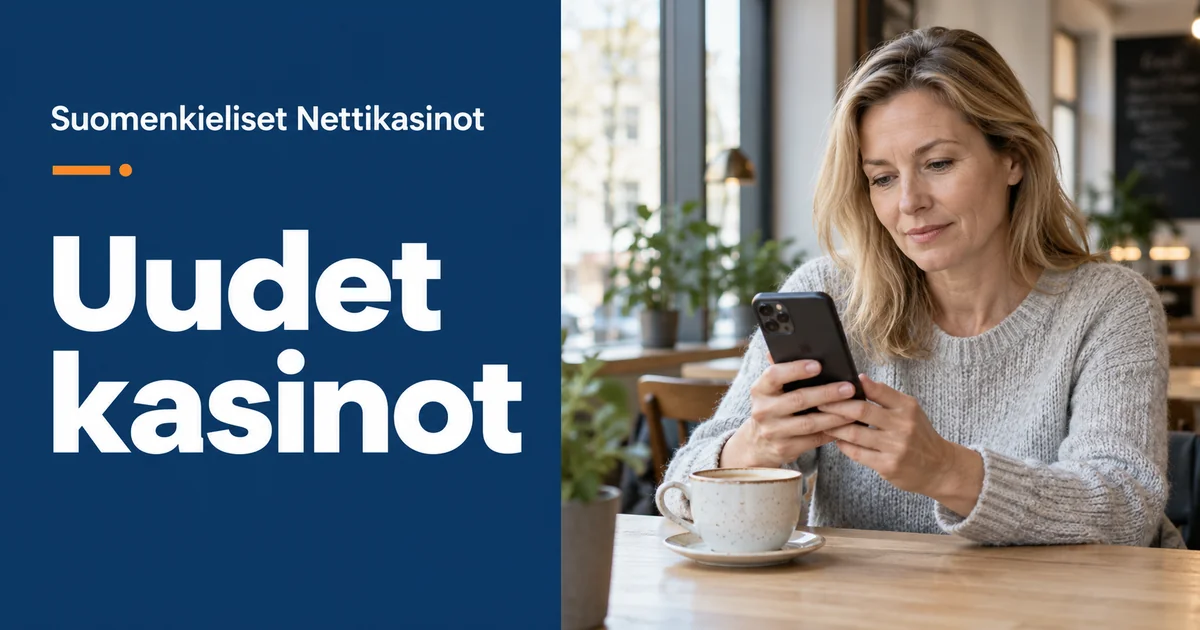 Uudet kasinot – Suomenkieliset Nettikasinot. Aikuinen nainen selaa puhelinta kahvilassa.
