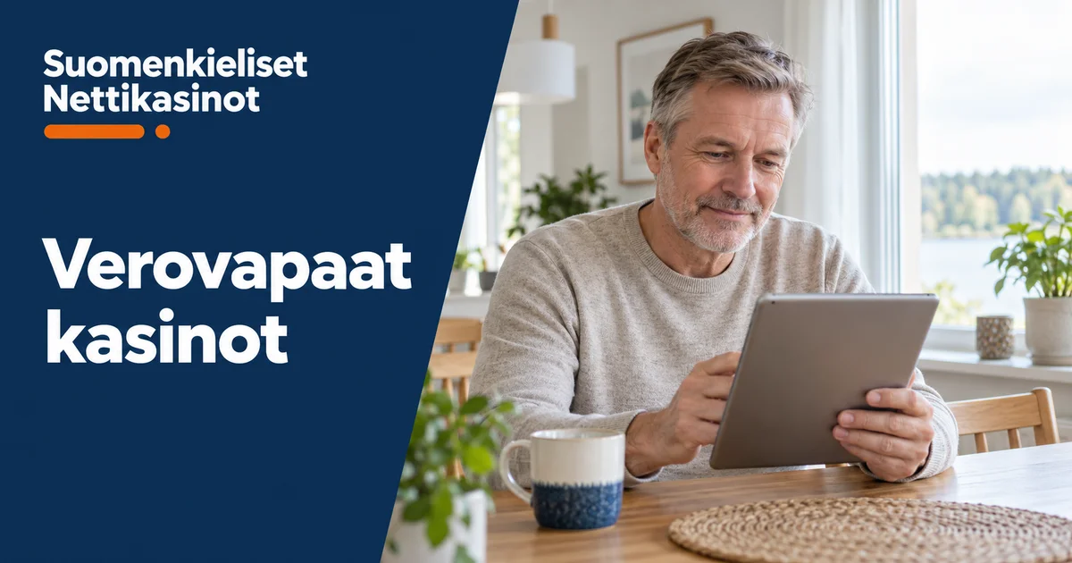 Verovapaat kasinot – Suomenkieliset Nettikasinot. Aikuinen mies lukee tietoja tabletista kotona.