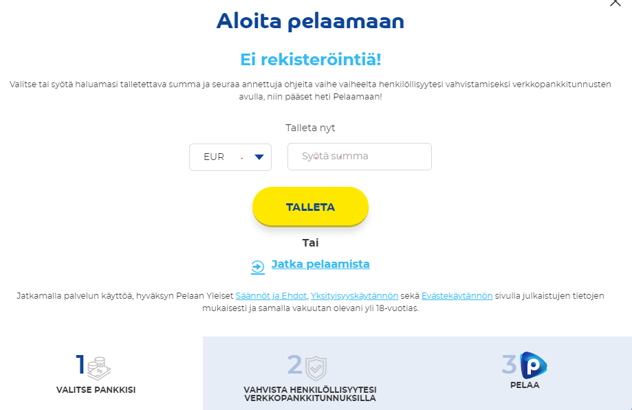 Kasino ilman rekisteröitymistä - talleta ja pelaa ilman tiliä!