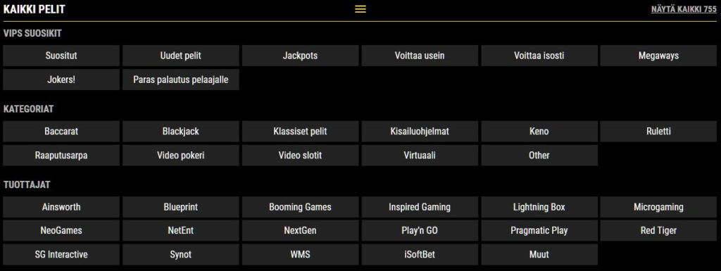 pelivalikoima VIPs kasino
